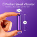 A hand holds the Kool Vibes Powerful Rechargeable Mini Bullet, a travel-friendly purple vibrator (0.7" wide, 2.5" tall), against a matching background. Text reads: "Pocket Sized Vibrator.