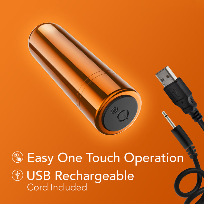 The Kool Vibes Powerful Rechargeable Mini Bullet—a metallic orange, travel-friendly vibrator with a black button and USB port—is shown with its charging cord. Text shows: "Easy One Touch Operation" and "USB Rechargeable, Cord Included.
