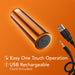 The Kool Vibes Powerful Rechargeable Mini Bullet—a metallic orange, travel-friendly vibrator with a black button and USB port—is shown with its charging cord. Text shows: "Easy One Touch Operation" and "USB Rechargeable, Cord Included.