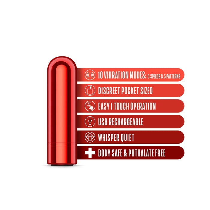 The Kool Vibes Powerful Rechargeable Mini Bullet is shown next to its features: 10 vibration modes, discreet pocket size, one-touch operation, USB rechargeable, whisper quiet, body safe, phthalate free—ideal for travel.
