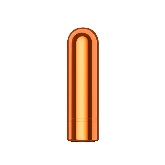 The Kool Vibes Powerful Rechargeable Mini Bullet is a compact, cylindrical, metallic orange vibrator with a rounded tip and flat base, perfect for travel and pictured against a white background.