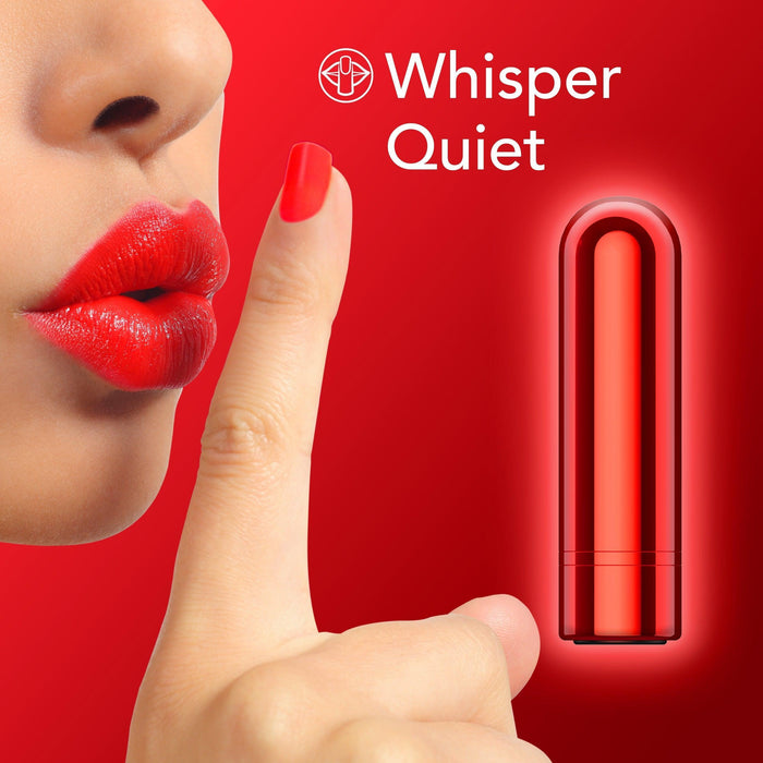 A woman with red lips gestures "shh" with her finger. Beside her is the Kool Vibes Powerful Rechargeable Mini Bullet, designed for travel and labeled "Whisper Quiet" on a bold red background.