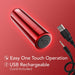 A sleek, red cylindrical travel-friendly vibrator – the Kool Vibes Rechargeable Mini Bullet by Blush – is displayed on a red background. A black USB charging cable with a 3.5mm jack is shown. Text next to the device reads "Easy One Touch Operation" and "USB Rechargeable, Cord Included.