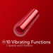 A red, capsule-shaped Blush Kool Vibes Rechargeable Mini Bullet with a transparent covering is displayed on a red background. Text below the object reads, "10 Vibrating Functions, 5 Speeds and 5 Patterns," accompanied by a small wave icon. This travel-friendly vibrator is both convenient and powerful.