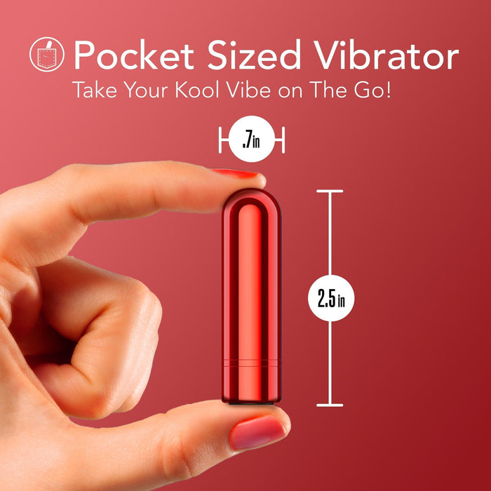 A hand holds a small red cylindrical device labeled "Kool Vibes Rechargeable Mini Bullet - Red" by Blush. Measuring 0.7 inches in diameter and 2.5 inches in length, this travel-friendly bullet vibe promises euphoric pleasure on the go. The background is a matching red color with the text above reading "Take Your Kool Vibe on The Go!