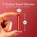 A hand holds a small red cylindrical device labeled "Kool Vibes Rechargeable Mini Bullet - Red" by Blush. Measuring 0.7 inches in diameter and 2.5 inches in length, this travel-friendly bullet vibe promises euphoric pleasure on the go. The background is a matching red color with the text above reading "Take Your Kool Vibe on The Go!