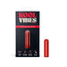 A sleek black box displays "Kool Vibes Rechargeable Mini Bullet - Red" by Blush, featuring a red, USB rechargeable bullet vibe inside and next to the package. Highlighting its classic shape, the packaging boasts 10 vibration modes, pocket-size convenience, travel-friendly design, and a silky touch.
