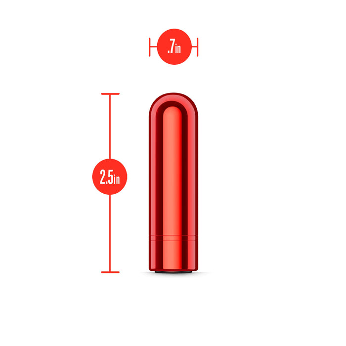The Blush Kool Vibes Rechargeable Mini Bullet - Red, a compact red cylindrical object with a classic shape, is displayed on a white background. Measuring 2.5 inches in height and 0.7 inches in diameter, this travel-friendly item features measurement markers indicated by red lines and text.