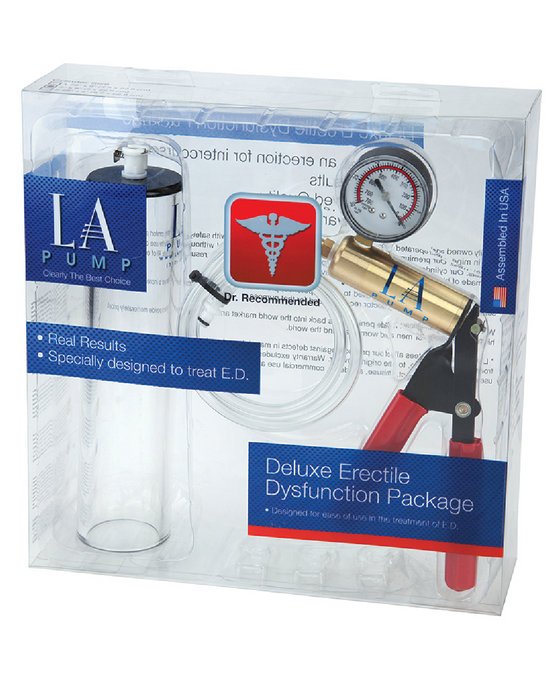 L.A. Pump Deluxe Erectile Dysfunction Penis Pump Kit 1.75" clear box with blue writing and contents 