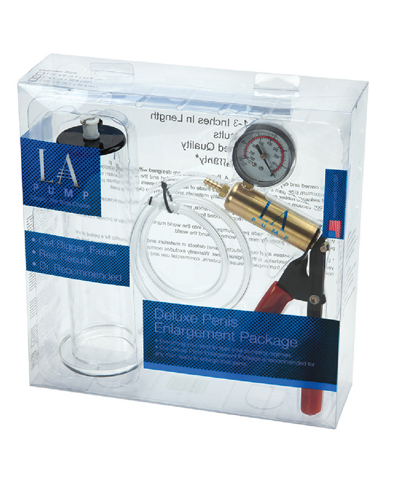 LA Pump Penis Pump Cylinder Kit 2 inches clear package with contents 