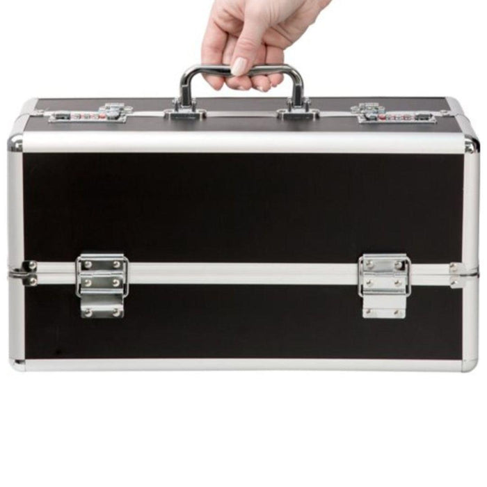 Lockable Sex Toy Storage Case Large Double Tiered - Black with a hand on the handle