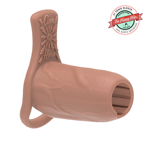 The Girthy Pleasure Sleeves - Open-Ended Silicone Penis Sleeve with Grind Pad (Size L) features platinum silicone, realistic texture, a secure loop, and raised "Cum Here" text. Red and green badge: "The Happy Wife - 50% Girth Increase.