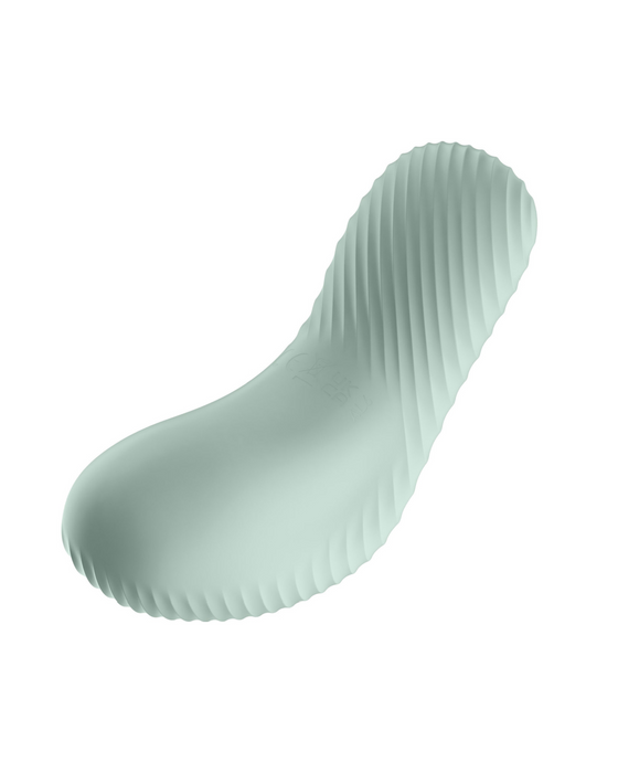 A modern, ergonomic design representation of a Fun Factory Laya 3 Lay On Humping Vibrator - Sage Green with a unique, ridged texture, rendered in a monochrome palette.