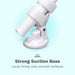 A close-up of the Le Wand Adjustable Hands-Free Vibrator Mount with Suction Cup locked onto a smooth surface. Text below reads: “Strong Suction Base - Locks firmly onto smooth surfaces.”.