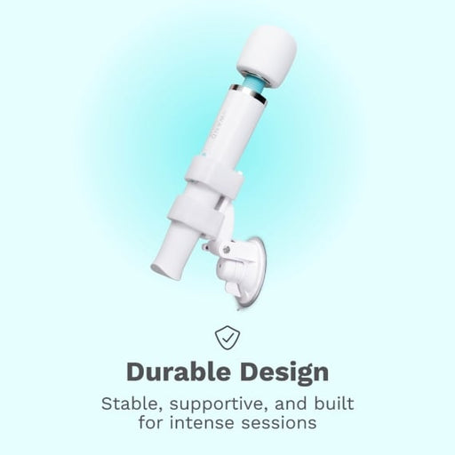 The Le Wand Adjustable Hands-Free Vibrator Mount with Suction Cup, shown in white and angled upward against a light blue background, offers a durable design that’s stable, supportive, and built for intense sessions.