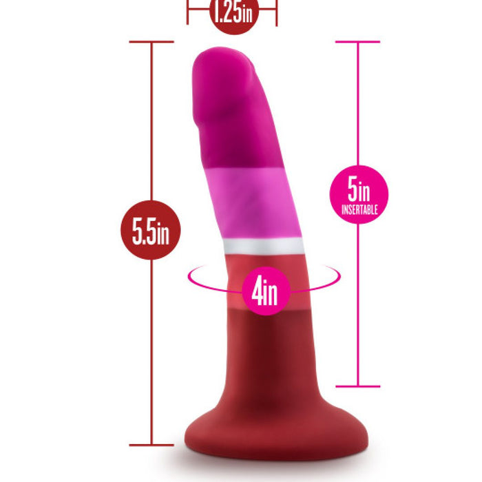 The Lesbian Pride Small 5.5 Inch Silicone Suction Cup Dildo features silky silicone in pink and red hues, 5" insertable length, 4" circumference, 1.25" width at the tip, and a sturdy suction cup base for hands-free use.
