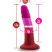 The Lesbian Pride Small 5.5 Inch Silicone Suction Cup Dildo features silky silicone in pink and red hues, 5" insertable length, 4" circumference, 1.25" width at the tip, and a sturdy suction cup base for hands-free use.