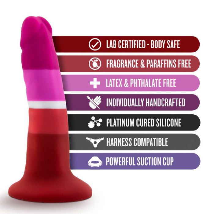 The Lesbian Pride Small 5.5 Inch Silicone Suction Cup Dildo features lab certification, is free of fragrance, paraffin, latex and phthalates, is individually handcrafted from platinum-cured silicone, harness compatible, and has a strong suction cup base.