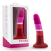 The Lesbian Pride Small 5.5 Inch Silicone Suction Cup Dildo, in pink and red shades inspired by the Lesbian flag, stands next to its "PRIDE by Avant" box with a clear window showing the dildo and its sturdy suction cup base.