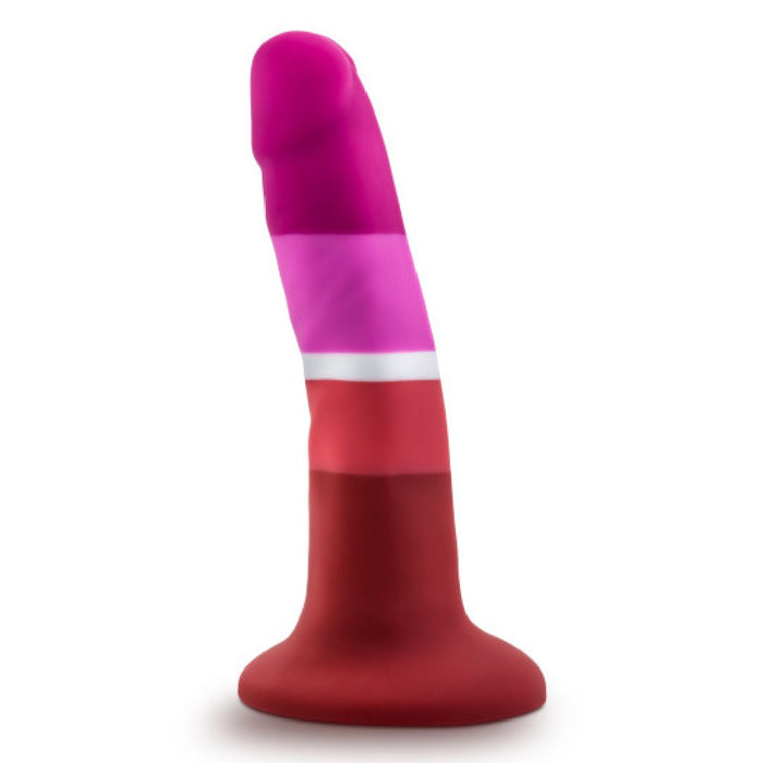 The Lesbian Pride Small 5.5 Inch Silicone Suction Cup Dildo, with silky silicone and red, pink, and white horizontal color bands inspired by the Lesbian flag, stands upright on a white background.