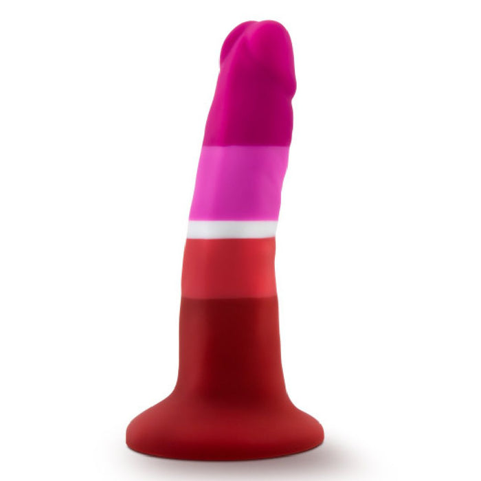 The Lesbian Pride Small 5.5 Inch Silicone Suction Cup Dildo features silky silicone with horizontal red, pink, and white stripes inspired by the Lesbian flag, shown against a white background.