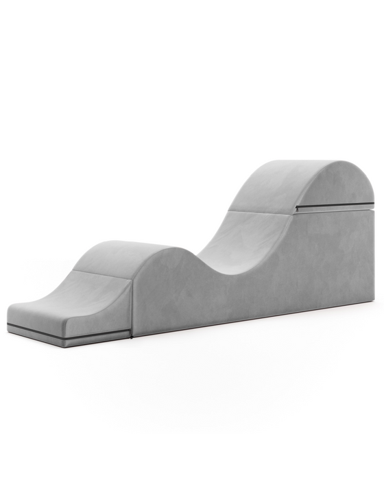 Modern gray Liberator Aria Chaise Sex Lounger in various positions on a white background.