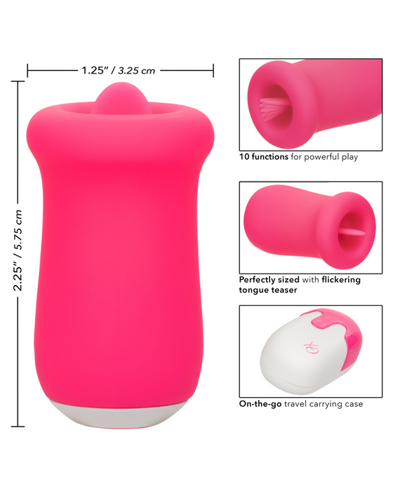 Sugar Craze Licking Tongue Vibrator with Lid graphic showing product features 
