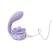 The Lilac Licks Clitoral & G-Spot Vibrator with Tongue Tease features a lavender, rose-shaped silicone design, flexible curved extension, two blue LED lights, and comes with a white charging cable.