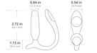 Line drawing of a curved object resembling the Lovense Bluetooth App Controlled Vibrating Anal Plug, showing measurements: 2.72 in (69.1 mm) height, 1.15 in (29.4 mm) base, 0.84 in (21.5 mm) width, 0.94 in (23.9 mm); two angles indicated.