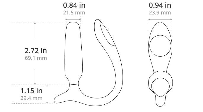 Line drawing of a curved object resembling the Lovense Bluetooth App Controlled Vibrating Anal Plug, showing measurements: 2.72 in (69.1 mm) height, 1.15 in (29.4 mm) base, 0.84 in (21.5 mm) width, 0.94 in (23.9 mm); two angles indicated.