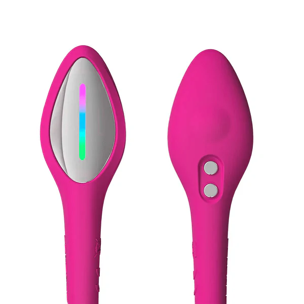 Two views of the Lovense Lush 4 Sound Activated Bluetooth Wearable Vibrator in pink silicone show a silver panel with LED strip on one side and dual control buttons on the other, sporting a smooth, elongated leaf shape for G-spot stimulation.