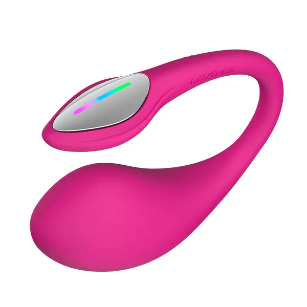 The Lovense Lush 4 Sound Activated Bluetooth Wearable Vibrator is a pink, curved device for G-spot stimulation, featuring a sleek silver control panel with colorful LED indicators on top and the brand name visible on the handle.