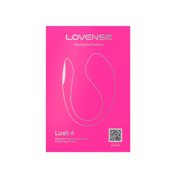 Bright pink packaging for the Lovense Lush 4 Sound Activated Bluetooth Wearable Vibrator features an outline of the device, Lovense logo, “Closing the Distances” tagline, and a lower right QR code for G-spot stimulation.