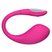 The Lovense Lush 4 Sound Activated Bluetooth Wearable Vibrator is a bright pink, curved silicone toy for G-spot stimulation, with a smooth surface and a silver control panel at one end, displayed on a white background.