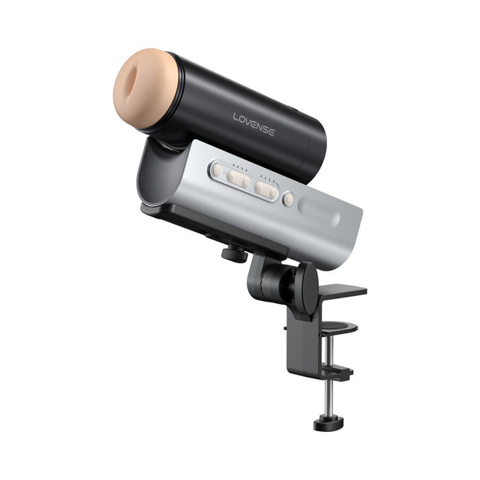 The Lovense Solace Pro AI Powered Thrusting Masturbator with Remote Control is a black and silver device featuring a flesh-colored opening, branded "Lovense," with sync-thrusting technology and clamp mount for hands-free, interactive pleasure.