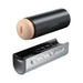 The Lovense Solace Pro AI Powered Thrusting Masturbator with Remote Control, in black and beige, features a cylindrical design and a separate button-and-slider panel for interactive pleasure.