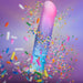 The Lucky Sparkle Lightly Textured 8 Inch Silicone Suction Cup Dildo, in pastel pink, purple, and blue, is popsicle-shaped and body safe, shown with colorful candy sprinkles on a soft purple background.