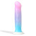 The Lucky Sparkle Lightly Textured 8 Inch Silicone Suction Cup Dildo features body-safe silicone, a pink-to-purple-and-blue gradient with a shiny glittery finish, and a white suction cup base.
