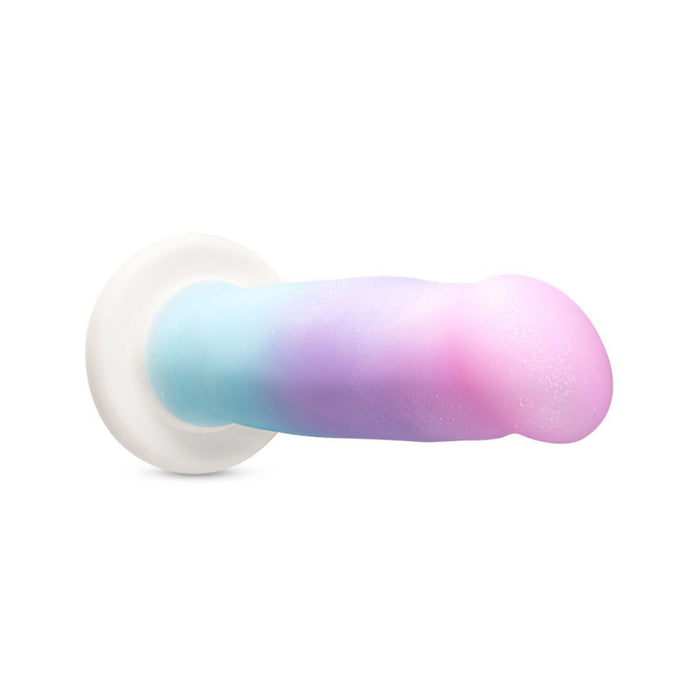 The Lucky Sparkle Lightly Textured 8 Inch Silicone Suction Cup Dildo, made from body-safe silicone, features a pastel blue, purple, and pink gradient and a white suction cup base. Photographed on a white background.