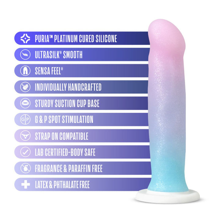 The Lucky Sparkle Lightly Textured 8 Inch Silicone Suction Cup Dildo, featuring a gradient pastel rainbow design and white suction base, is shown with features like platinum-cured silicone, smooth finish, handcrafted body-safe materials, and latex/phthalate-free.