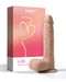 An image of a realistic Luis Thrusting Warming Large 8.5" App Controlled Dildo by Honey Play Box, next to its packaging, which features a pale pink background and a heart-shaped design.