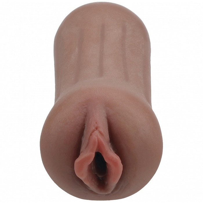 A close-up of the Lulu Liplust Pinup Fantasy Pocket Pussy, a realistic handheld stroker with a textured inner canal for enhanced sensation.