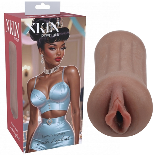 A close-up of the Lulu Liplust Pinup Fantasy Pocket Pussy, a realistic handheld stroker featuring a textured inner canal for enhanced sensation.