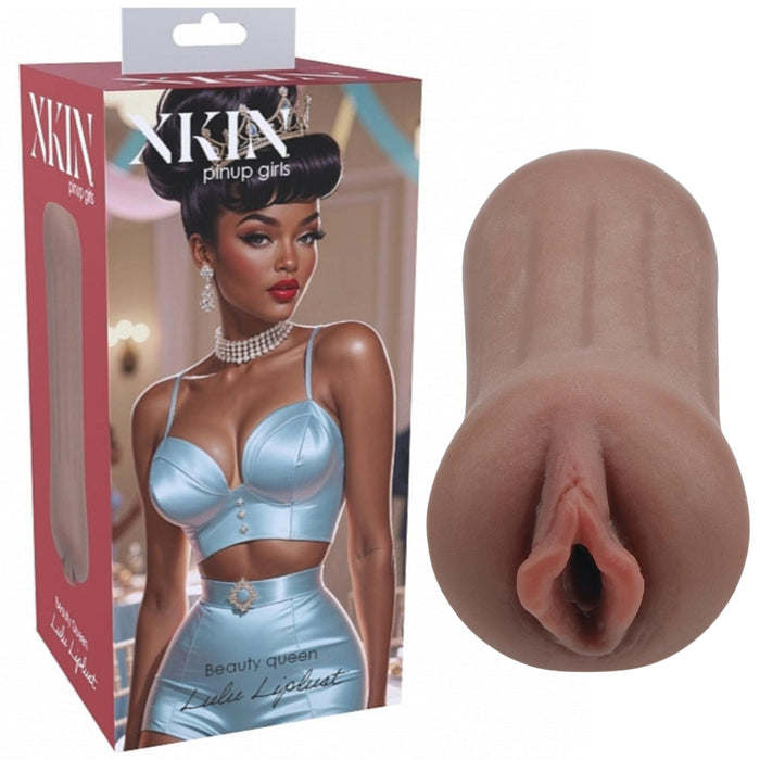 A close-up of the Lulu Liplust Pinup Fantasy Pocket Pussy, a realistic handheld stroker featuring a textured inner canal for enhanced sensation.