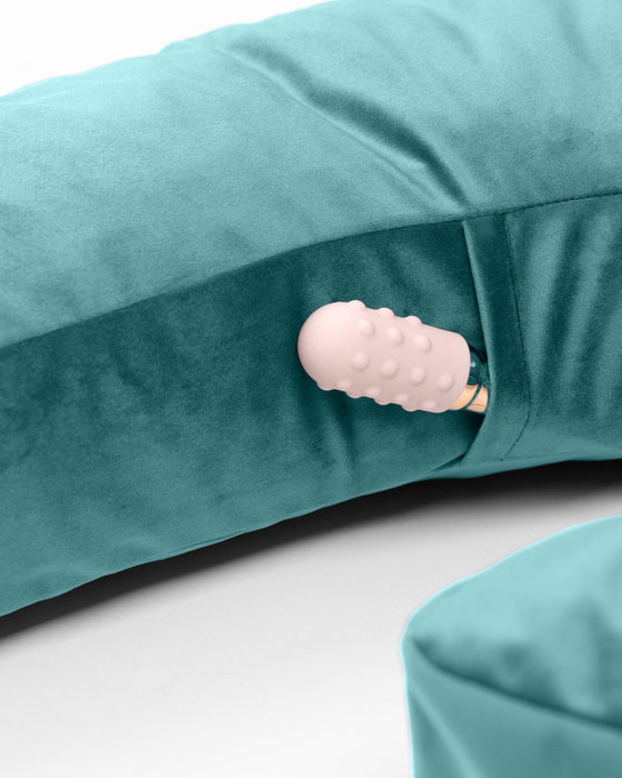 Liberator Lune Toy Mount Sex  Pillow - Teal showing pocket with white vibe inside 