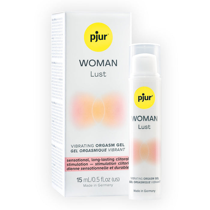 Lust Orgasm Gel by Pjur Woman (15 ml) is shown in a white bottle and box with yellow and pink accents. This water-based clitoral stimulation gel features product info in English and French.