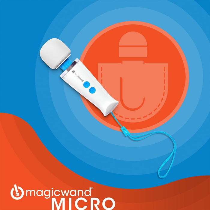 The Magic Wand Micro Rechargeable Cordless Vibrator, shown in white and blue with a wrist strap, is set against a vibrant circular blue-orange background. "magicwand MICRO" in the corner highlights its compact, portable design.