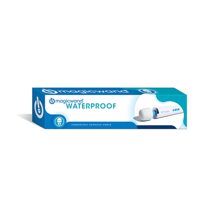 A rectangular blue and white box labeled "Magic Wand Waterproof Rechargeable Cordless Vibrator" displays an image of the white and blue cordless vibrator on its packaging.