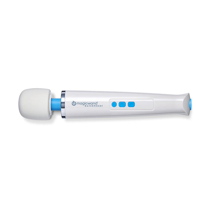 The Magic Wand Waterproof Rechargeable Cordless Vibrator, featuring a white and blue design, three blue buttons, and "magic wand waterproof" on the handle, is displayed on a plain white background—ideal for powerful relaxing massages.