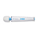 The Magic Wand Waterproof Rechargeable Cordless Vibrator, featuring a white and blue design, three blue buttons, and "magic wand waterproof" on the handle, is displayed on a plain white background—ideal for powerful relaxing massages.